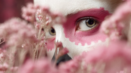 A stunning close-up of a face adorned with vibrant makeup and framed by pink flowers, creating an artistic and evocative portrait that captures emotion.の素材