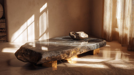 A tranquil interior scene featuring a stunning stone coffee table bathed in soft natural light, showcasing minimalistic design and warmth. Perfect for serene home decor.の素材
