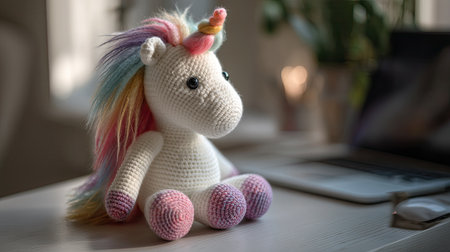 This colorful crochet unicorn toy adds charm to any desk or room. Its soft yarn and playful design make it a perfect gift for kids or whimsical decor.の素材