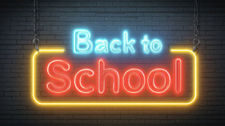 Vibrant neon sign showcases a back to school theme, perfect for promoting educational events or festive celebrations. The bright colors grab attention and evoke excitement.の素材