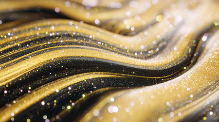Stunning abstract image featuring golden glitter waves shimmering on a black surface. Ideal for creative projects, fashion themes, and luxury designs.の素材