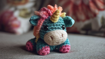 Adorable handmade crochet unicorn toy featuring a colorful mane and cheerful expression. Perfect for children's playrooms or as a unique gift.の素材