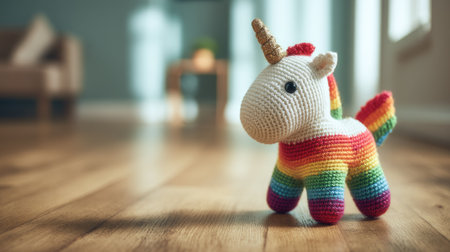 A colorful crochet unicorn toy stands on a wooden floor in a bright and cozy room. The vibrant design appeals to children and adds charm to any decor.の素材