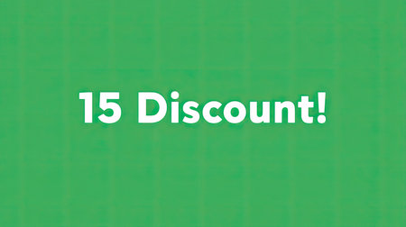 Bright green background with bold text announcing a 15% discount. Perfect for marketing campaigns and promotional materials to attract customer attention.の素材
