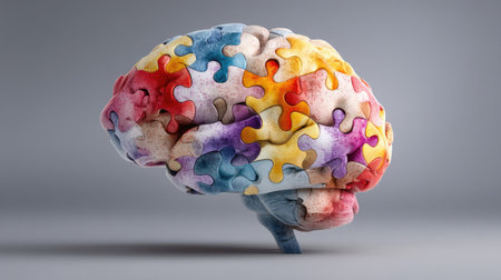 This vibrant image features a brain made of colorful puzzle pieces, symbolizing creativity and the complexity of human thought. Ideal for concepts of intelligence and inspiration.の素材