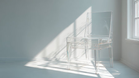 A stunning transparent chair positioned in a minimalist room, capturing elegant design and natural light, highlighting simplicity and modern aesthetics.の素材