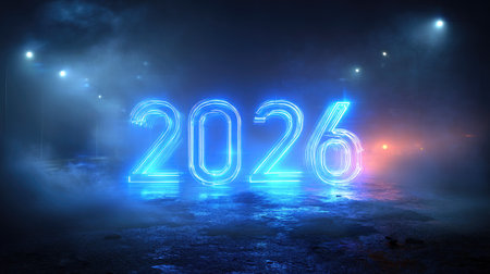 A vibrant neon 2026 sign shines through a foggy night, surrounded by street lights. This eye-catching image captures a festive and modern atmosphere perfect for celebrations.の素材