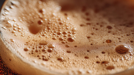 A detailed close-up view of bubbles and foam in a glass of dark carbonated beverage, capturing the texture and refreshing quality of the drink.の素材
