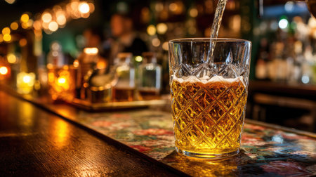 A close-up view of a refreshing golden beverage being poured into a crystal glass at a lively bar. Warm lights create an inviting atmosphere, perfect for social gatherings.の素材