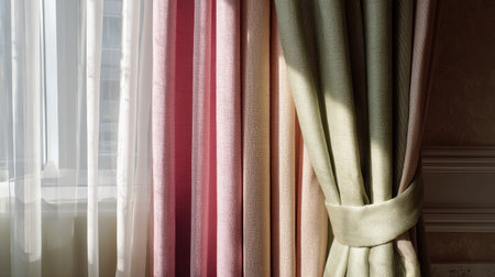 Beautiful window drapery showcases an interplay of soft colors and sheer fabrics, creating a serene atmosphere filled with natural light and elegance.の素材