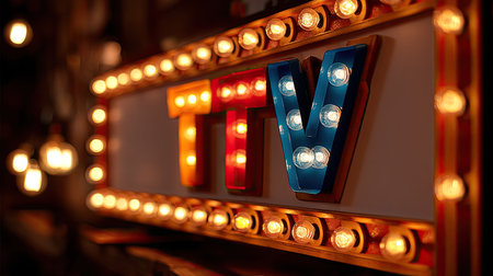 A vintage marquee sign featuring colorful lights and vibrant bulbs adds a joyful ambiance to any space. Perfect for creative displays and decorative themes.の素材