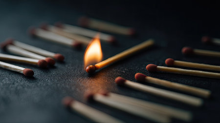A striking close-up of a flaming matchstick amidst unlit matches on a dark surface. The image captures the beauty and danger of fire in a still life composition.の素材