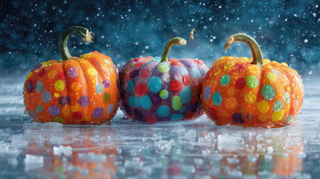 Three vibrant pumpkins adorned with colorful dots rest on a frosty surface, creating a striking winter scene filled with texture and charm.の素材
