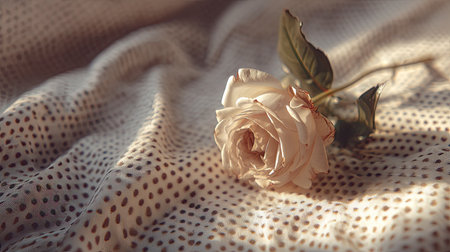 A beautiful white rose gently rests on soft fabric adorned with polka dots, capturing a serene moment. The natural light enhances the delicate details, evoking calm and elegance.の素材