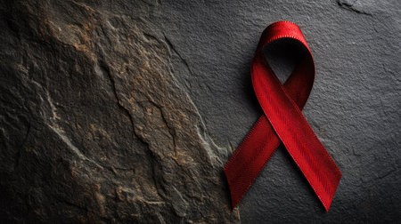 A red awareness ribbon displayed on a rustic stone background symbolizing support for health campaigns and causes, promoting awareness and solidarity.の素材