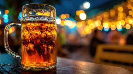 A close-up of a cold beer in a glass showcasing bubbles and foam with beautiful bokeh lights in the background, creating a warm and inviting nightlife atmosphere.の素材