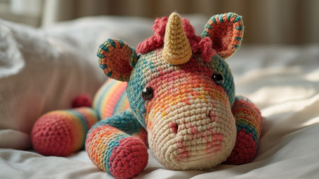 This adorable crocheted unicorn plush toy features vibrant colors and soft textures, making it a charming addition to any child's bedroom or nursery decor.の素材