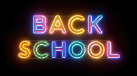 Bright and colorful neon sign displaying "Back School," perfect for capturing the excitement of returning to school. A vibrant design ideal for promotions.の素材