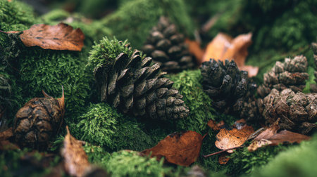 A serene view of green moss covered ground featuring pine cones and dried autumn leaves. Ideal for showcasing nature's textures and seasonal change.の素材