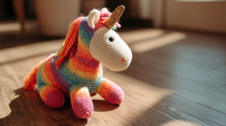 This colorful handcrafted unicorn plush toy adds a whimsical touch to any space. Its soft texture and vibrant colors make it perfect for children and decor.の素材