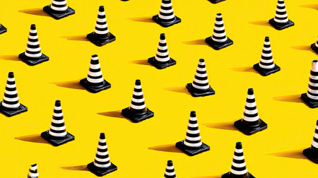 A visually striking arrangement of black and white traffic cones on a vivid yellow background, showcasing modern design elements and patterns for various applications.の素材