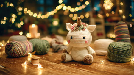 A charming crocheted unicorn toy sits on wooden flooring, surrounded by vibrant yarn and warm lights, creating a cozy and artistic atmosphere perfect for crafts and inspiration.の素材