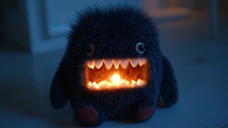This adorable fuzzy monster toy features a glowing mouth and charming eyes. Perfect for kids' rooms, it adds warmth and whimsy to any space with its playful character.の素材