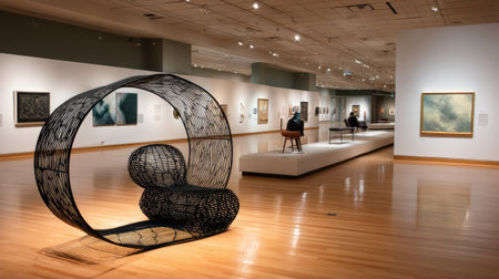 A captivating view of a modern art gallery showcasing a unique wire sculpture, surrounded by various artworks, inviting exploration and appreciation of creativity.の素材