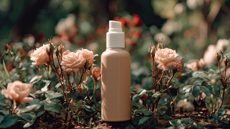 A stylish cosmetic bottle positioned among delicate roses in a serene garden, showcasing beauty and nature. Ideal for skincare or beauty product themes.の素材