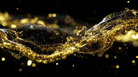 This stunning image features golden liquid waves interspersed with sparkling glitter particles, creating a captivating and elegant visual experience. Perfect for luxury-themed designs.の素材