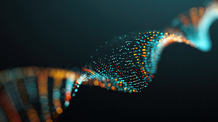 An enchanting abstract depiction of colorful digital particles creating a flowing wave against a dark background. Perfect for tech and creative projects.の素材