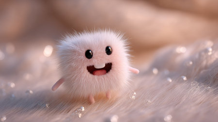 A charming fluffy creature with big eyes and a cheerful smile stands on soft fur. The whimsical character radiates joy and innocence, perfect for playful projects.の素材