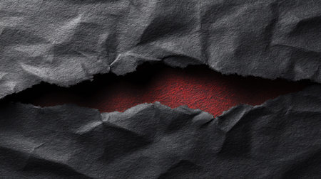 This image features torn black paper revealing a vivid red background, creating a striking visual contrast. The unique textures evoke creativity and emotional impact.の素材