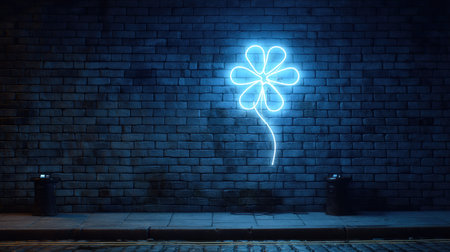 A glowing neon flower design illuminates a dark brick wall, creating a vibrant contrast in an urban night setting. Ideal for themes of beauty and modern art.の素材