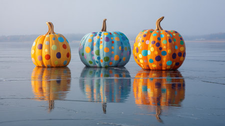Three colorful pumpkins with polka dots sit on a frozen lake, reflecting in the smooth ice beneath a foggy morning sky, creating a whimsical outdoor art display.の素材