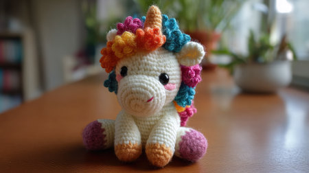 This adorable crochet unicorn toy features vibrant hair and a charming expression, perfect for children's playtime or as a unique decorative piece in any cozy setting.の素材