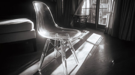 A stunning transparent chair rests poised in a sunlit room, casting expressive shadows on a warm wooden floor, embodying modern elegance and minimalist design.の素材
