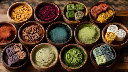 A vibrant display of natural powders and spices arranged in bowls, showcasing rich textures and colors. Ideal for culinary or artistic inspiration.の素材