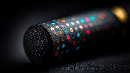 Close-up image showcasing a colorful patterned surface featuring bright dots on a dark background. The vibrant design emphasizes detail and texture.の素材