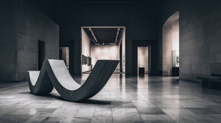 A striking contemporary sculpture sits elegantly in a spacious gallery, featuring smooth curves and clean lines. The modern design enhances the artistic atmosphere of the exhibit.の素材