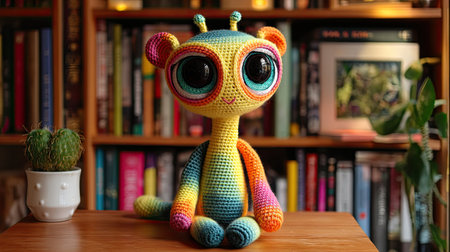 This charming handmade crochet toy features vibrant colors and large eyes, bringing a playful character to any space. Ideal for home decor or gifts.の素材