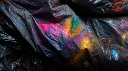 Vivid paint splashes create an eye-catching design on a dark plastic surface. The vibrant colors and textured layers offer a unique backdrop for artistic projects.の素材