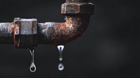 This image showcases a rusty pipe with water droplets slowly dripping against a dark background, capturing a moment of industrial decay and moisture.の素材