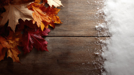 A striking composition featuring vibrant autumn leaves on a rustic wooden surface, contrasted by fresh snow, showcasing the beauty of changing seasons.の素材