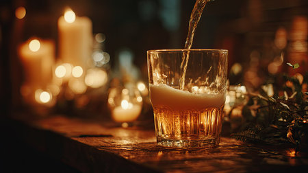 A close-up of beer being poured into a glass, showcasing foam and amber hues. The scene is beautifully illuminated by soft candlelight, creating a warm, inviting atmosphere perfect for relaxation or celebration.の素材
