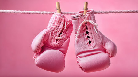 Bright pink boxing gloves dangle from a clothesline, set against a soft pink background, showcasing a fun and playful approach to fitness and sport.の素材