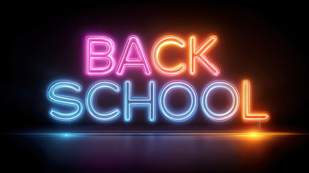 Vibrant neon lights spell out "Back School" for an energetic celebration atmosphere. Perfect for school-themed events, educational promotions, or seasonal decor.の素材