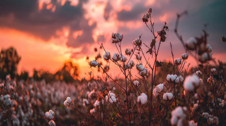 Captivating view of a cotton field during sunset, showcasing blooming cotton plants against a vibrant sky. A tranquil scene emphasizing nature's beauty.の素材