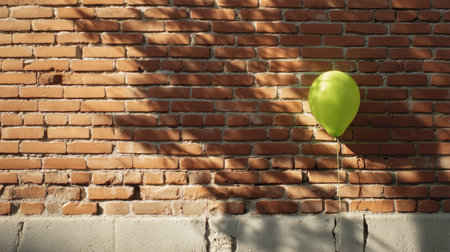 A vibrant green balloon floats gently against a textured brick wall, casting deep shadows. The image evokes feelings of celebration and whimsy, perfect for festive themes.の素材