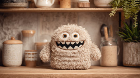 Adorable fluffy monster toy sits on a wooden shelf in a lovely kitchen setting, surrounded by charming decor items, bringing warmth and joy to home interiors.の素材